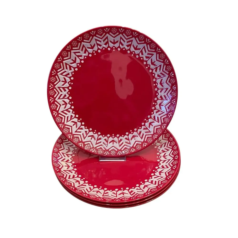 Holiday Red & White Melamine 11in Dinner Plates Set of 4 Christmas Snow New
